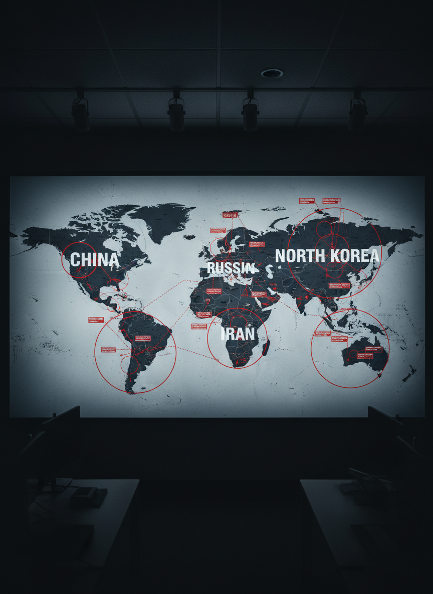 A high-contrast, photographic-realistic close-up of a large, wall-mounted world map divided into four distinct sectors labeled CHINA, RUSSIA, IRAN, and NORTH KOREA in stark white typography. Each region is marked with precise red circles, arrows, and annotation tags, while the United States is highlighted in a cool, steel-blue glow suggesting direct implications. The map surface has a textured, slightly worn finish, lit by focused overhead track lighting that creates dramatic highlights along the edges of the annotations and subtle vignetting around the frame. The environment is a dark, secure analysis room where the rest of the space falls into shadow. Captured straight-on with sharp focus and a clean, modern composition, the mood is tense, analytical, and mission-focused, reinforcing the theme of adversarial state-media framing.