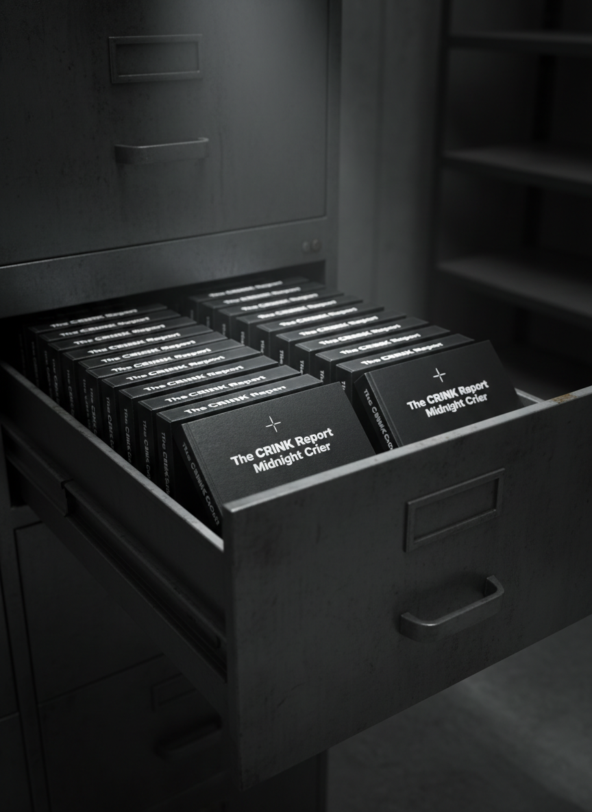 A heavy, industrial-style metal filing cabinet drawer pulled open to reveal neatly stacked, thick 60–80 page reports titled “The CRINK Report | Midnight Crier” in bold, utilitarian typography. Each report has a dark, textured cover featuring a minimalistic emblem combining a compass and crosshair motif. The drawer interior is lit by a narrow beam of cool white overhead light, making the report covers subtly shine against the matte, gunmetal-gray steel. The surrounding room is intentionally underexposed, hinting at a secure archive or vault with concrete walls and faintly visible shelving. Photographic realism, captured from a slightly elevated angle looking down into the drawer, with sharp focus on the report spines and a shallow depth of field softening the background, creating a mood of exclusivity, seriousness, and controlled access to high-value intelligence.